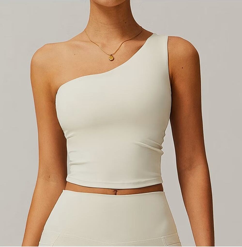 Attraco Women's One Shoulder Ruched Cropped Sports Tank Top with Removable Pads
